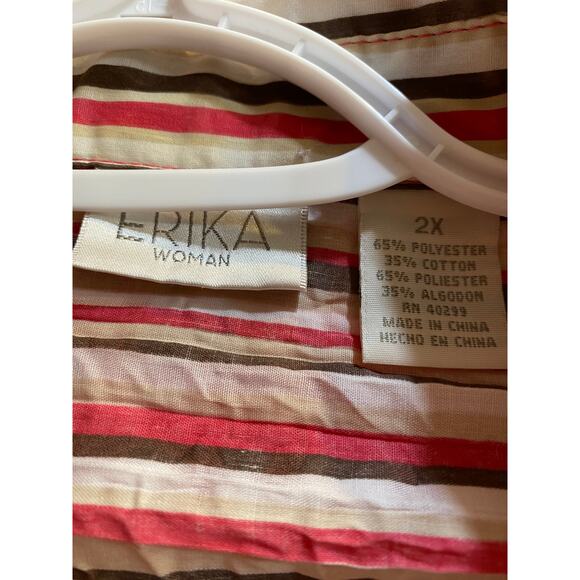 Erika Woman 2X Red Beige Stripe Button Front Short Sleeve Shirt - Picture 5 of 5